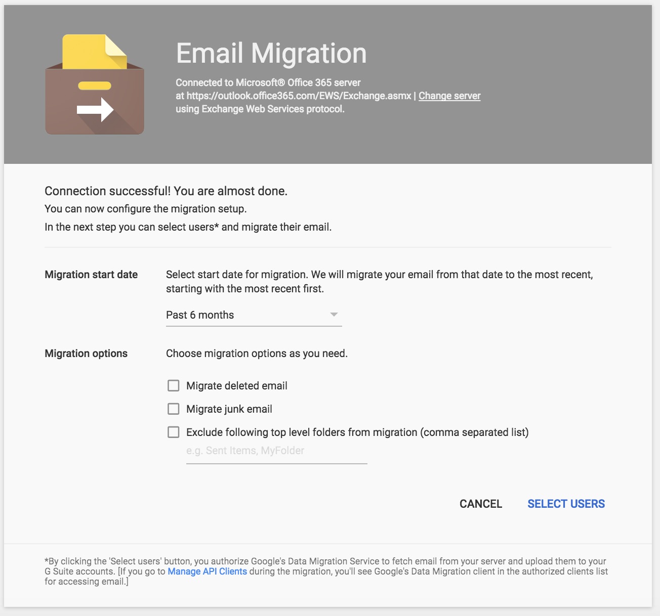 setting date range and folder types for g suite data migration