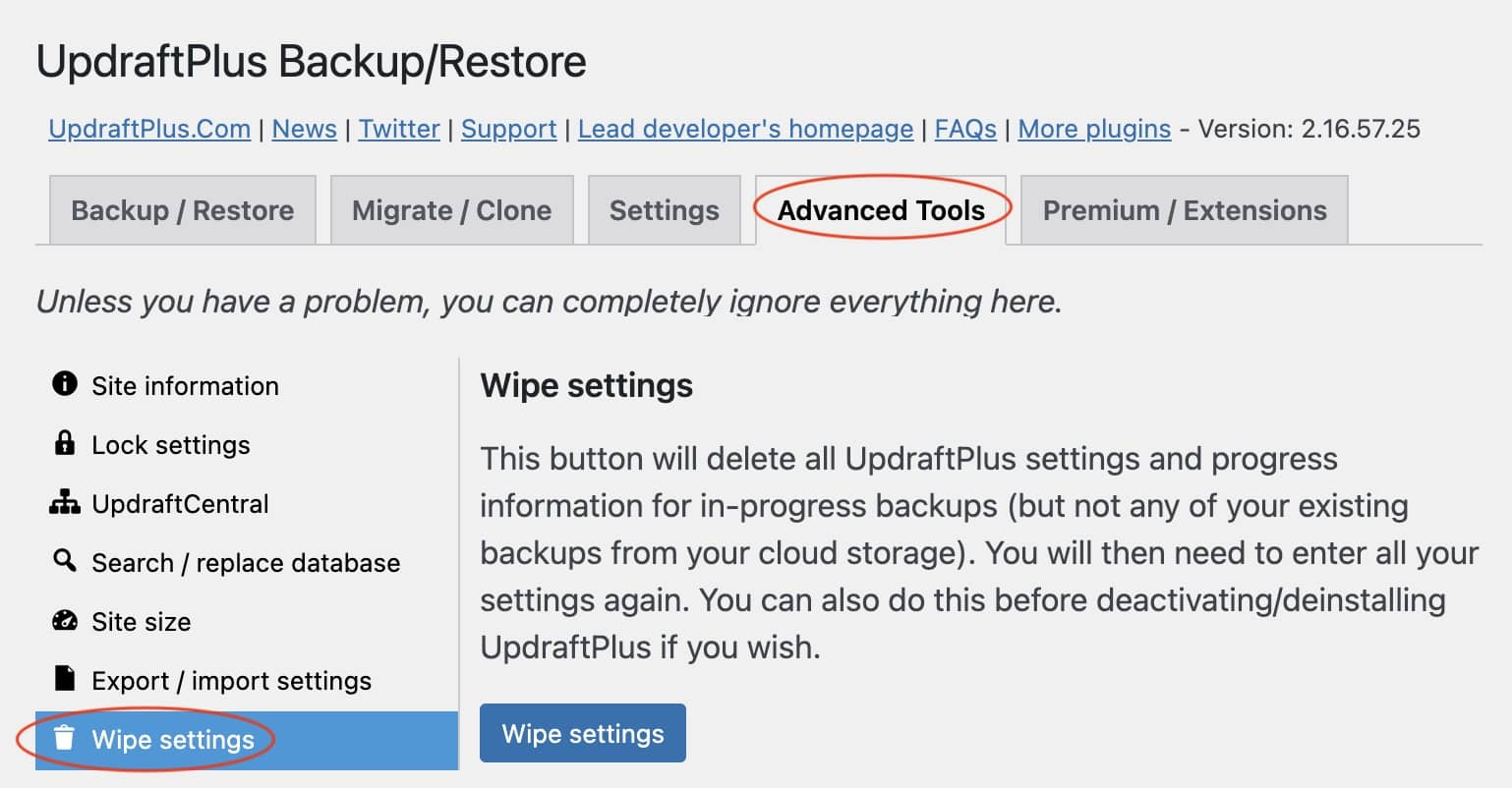updraftplus advanced tools wipe settings screen